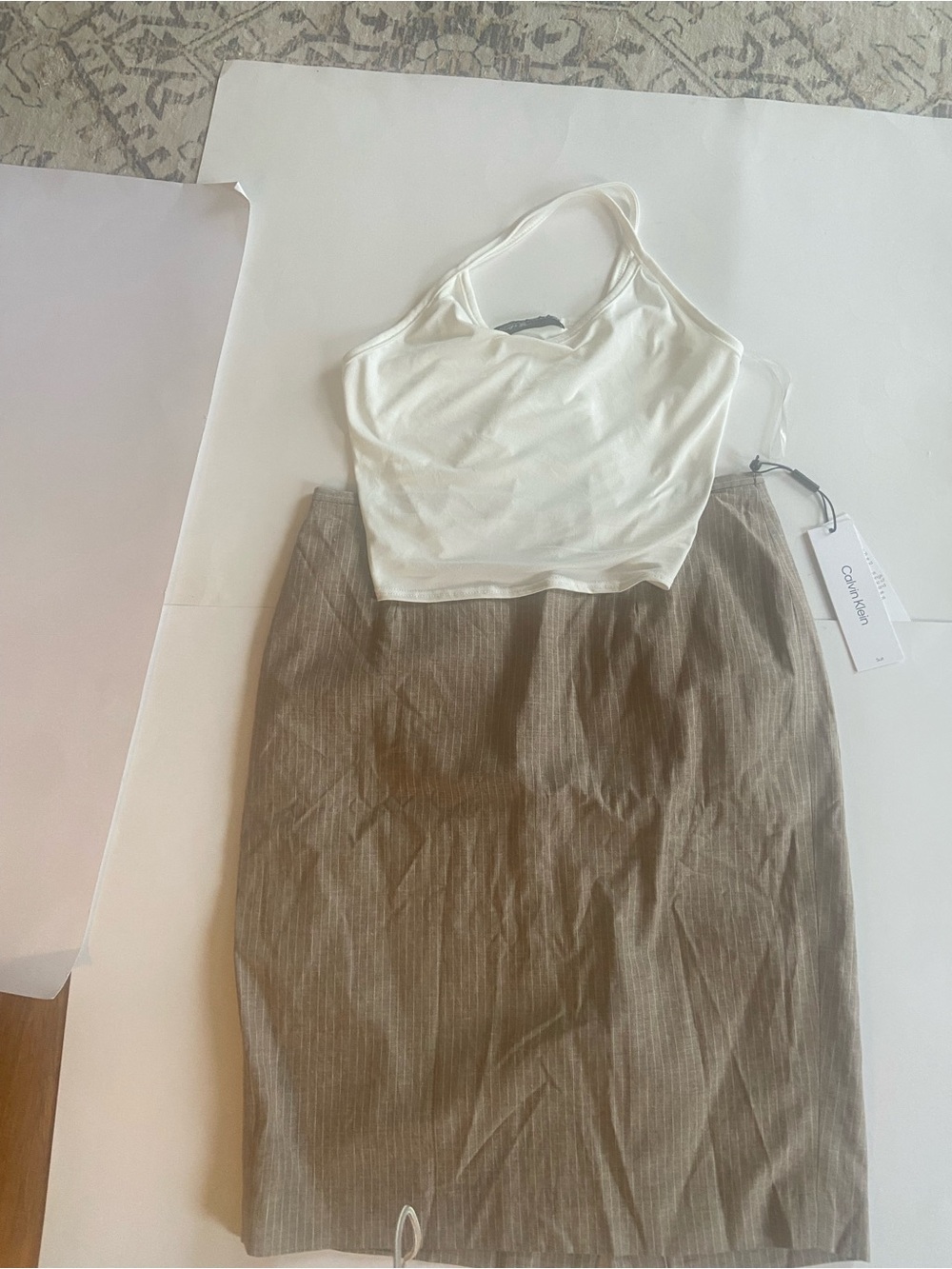 Calvin Klein Women’s size 6 with Taupe Pinstripe Pencil Skirt & cream crop top